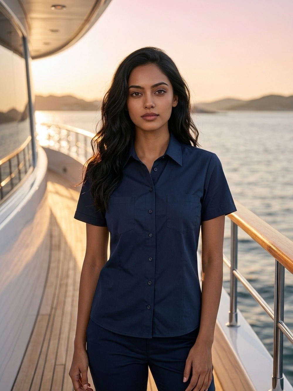 Harriton Navy Utility Chic Short Sleeve Work Blouse - Size Small